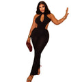 Fashion style cross-border women's clothing design cut outsilm halter jumpsuit pure colorbacklesssexy hip-covering long jumpsuit