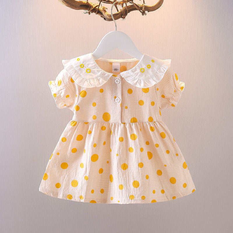 Kids' cartoon dress - turn-down collar, round neck, short sleeves - new summer style for baby girls - casual, chic, polka dot print dress