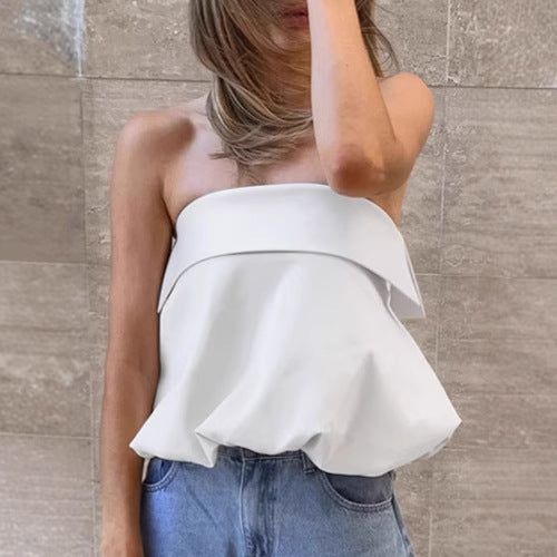2025 summer European and American  white satin tube top vest women's design sense short puffy sleeveless top women's clothing