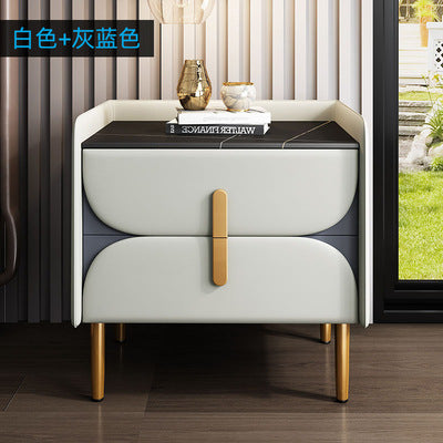 Nordic light luxury sintered stone nightstand, minimalist modern leather bedroom bedside table, solid wood upholstered, ultra-minimalist light luxury style