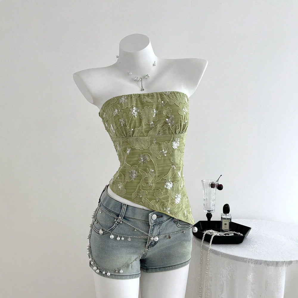 Ready-to-ship 73707#  cross-border fashion summer sheer sequin textured soft & elegant women's bandeau top