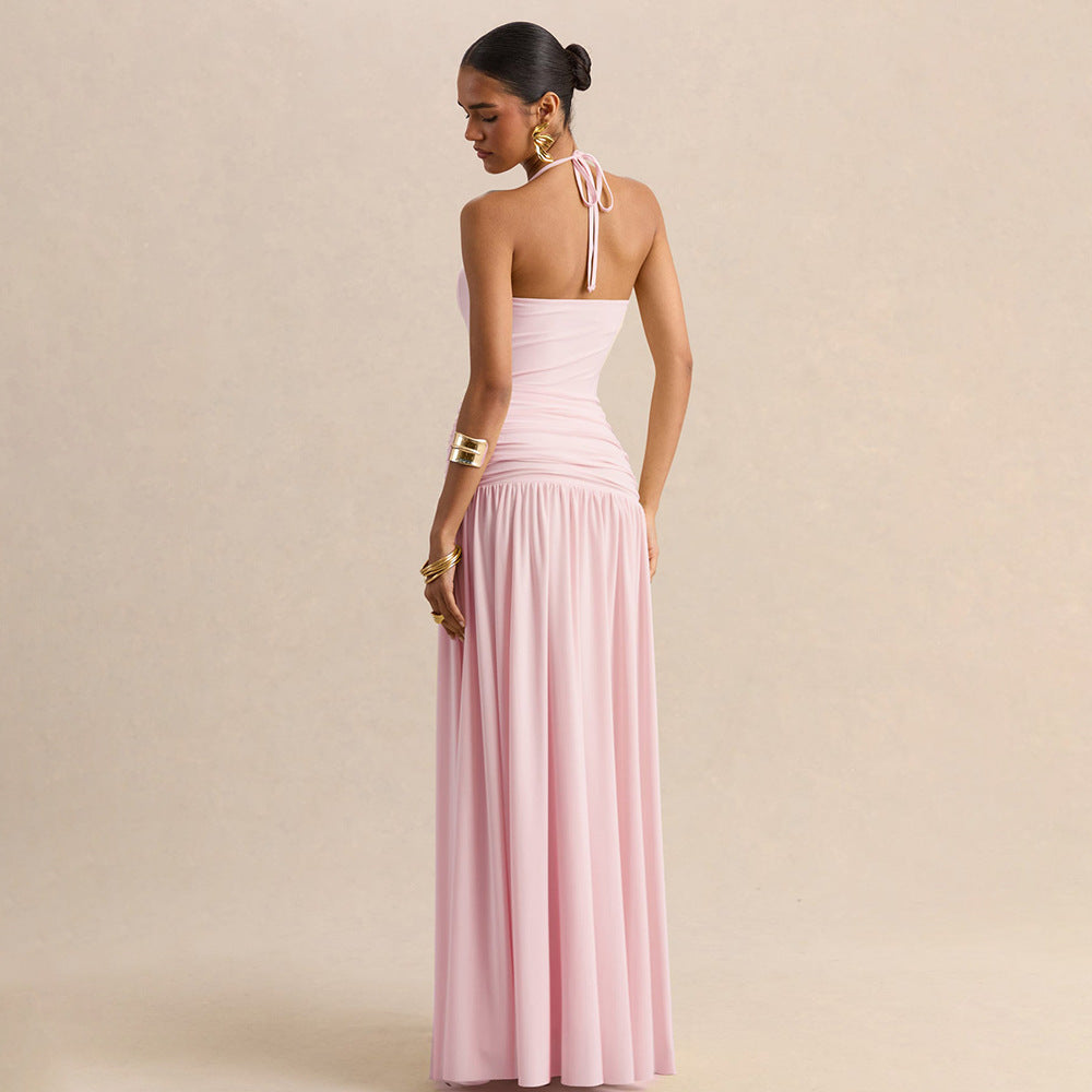 Amazon cross-border fashion style women's eleganthaltertie backbackless suspender waist slimming look pleated dress for women