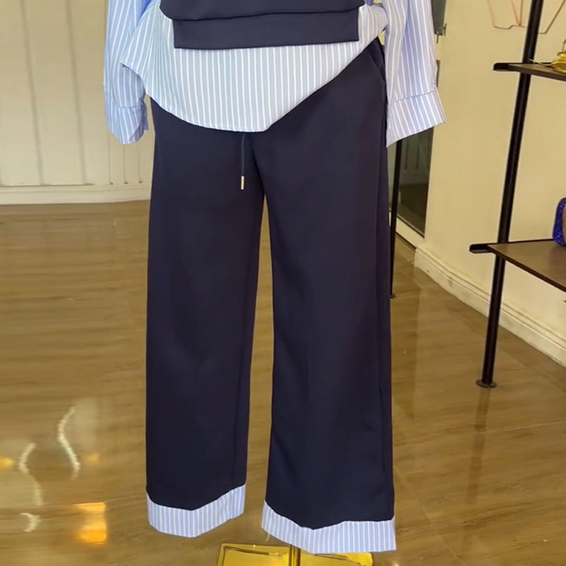 European and american cross-border women's fashion:  summer new collection - stylish round neck striped patchwork top and high-waisted casual pants set