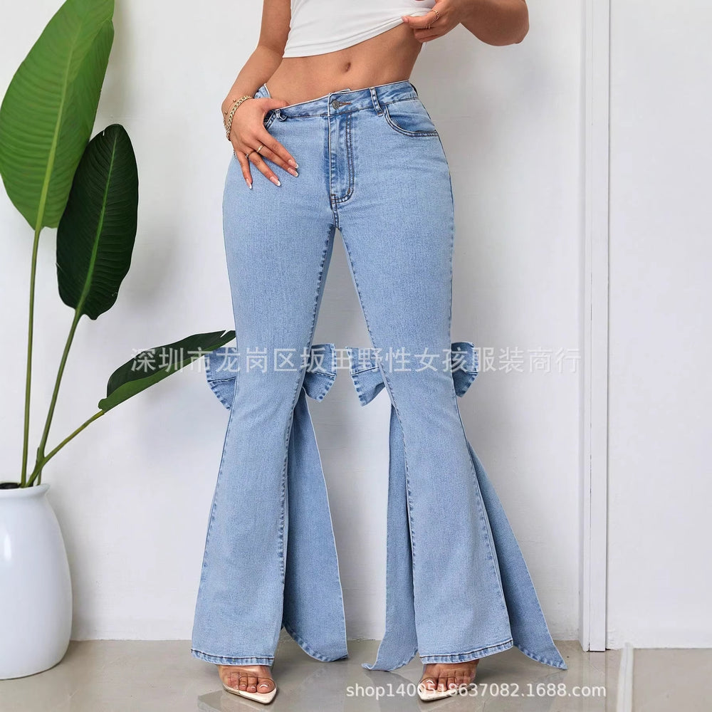 X spot-16065# cross-border european and american retro stereo bow tie slim fit medium stretch floor-length flared denim pants