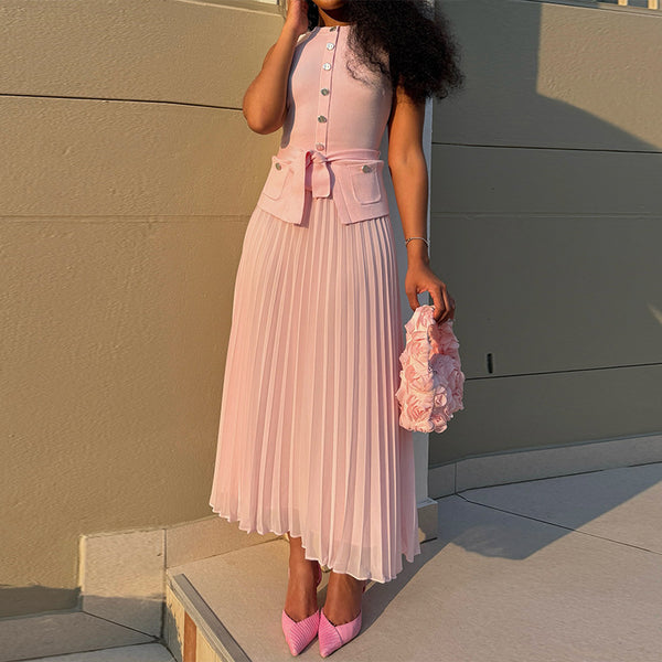 European and American women's clothing 2025 new sweet and fresh round neck single-breasted sleeveless shirt high-waisted pleated skirt two-piece set