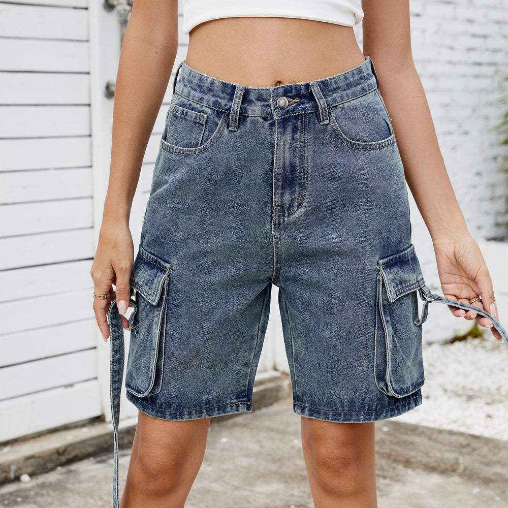 European and american cross-border women's summer new arrivals:  &  street style trendy washed denim cargo shorts (5-inch inseam)