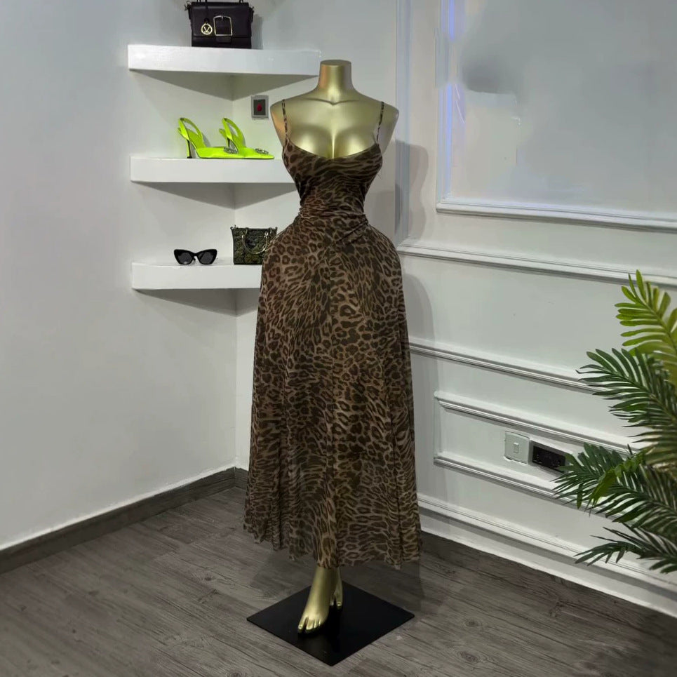 European and american cross-border women's fashion:  summer new sexy leopard print bandeau bodycon maxi slip dress