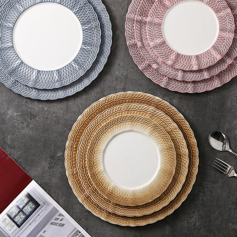 Ins embossed light luxury ceramic dinner plate - nordic high-end style for restaurants, hotels, steak, and dim sum presentation