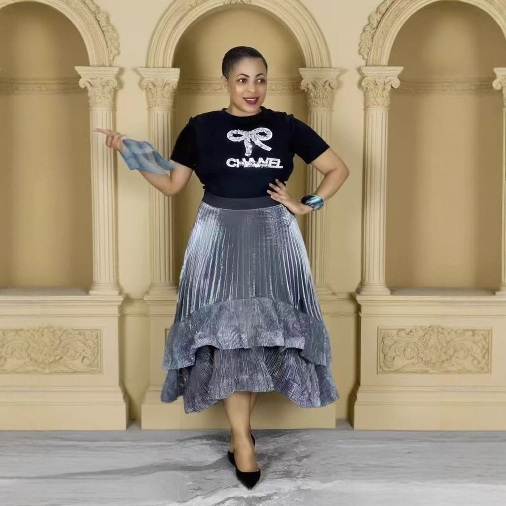 Cross-border French three-dimensional floating flower T-shirt + flash gold pleated ruffle edge long puffy skirt large size two-piece set