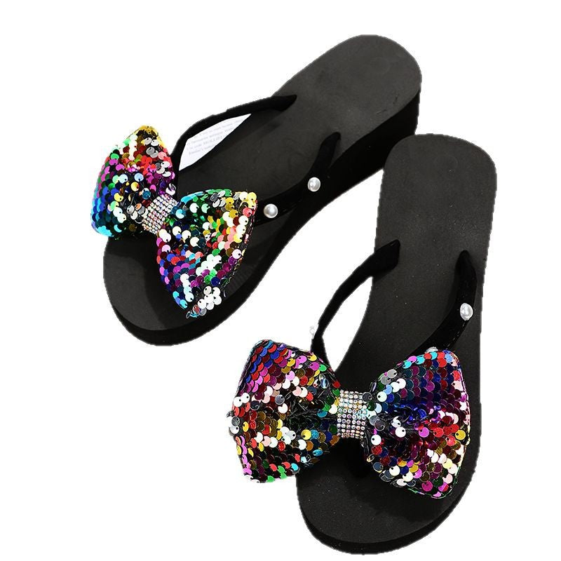 2025 new round-toe flip-flops women's fashion export plus size rhinestone bow minimalist beach sandals