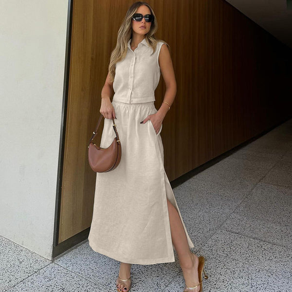 Spring and summer European and American  new fashion slim-fitting khaki pure cotton sleeveless vest cardigan split skirt suit women