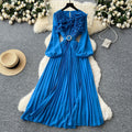 new arrival: exquisite, niche-style pleated dress with 3d lace, lantern sleeves, and tie-waist detail for a slimming and elegant silhouette