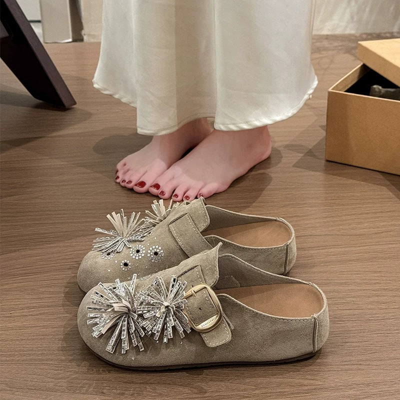 Thick sole hidden heel fireworks rhinestone birkenstock shoes women's 2026new arrivalspring and summer toe-cap half slippers outwear sandals flats