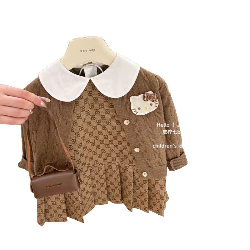 Girls' outfit  korean style kt cat knitted cardigan with peter pan collar plaid vest dress two-piece trendy set