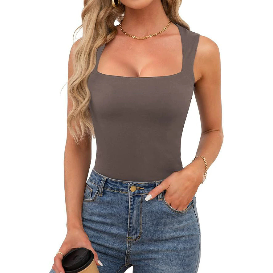 2025 Cross-border European and American Spice Girls Wear Sling Vest Women's Summer Sleeveless Off-Shoulder Square Neck Threaded Shoulder Strap Top Women