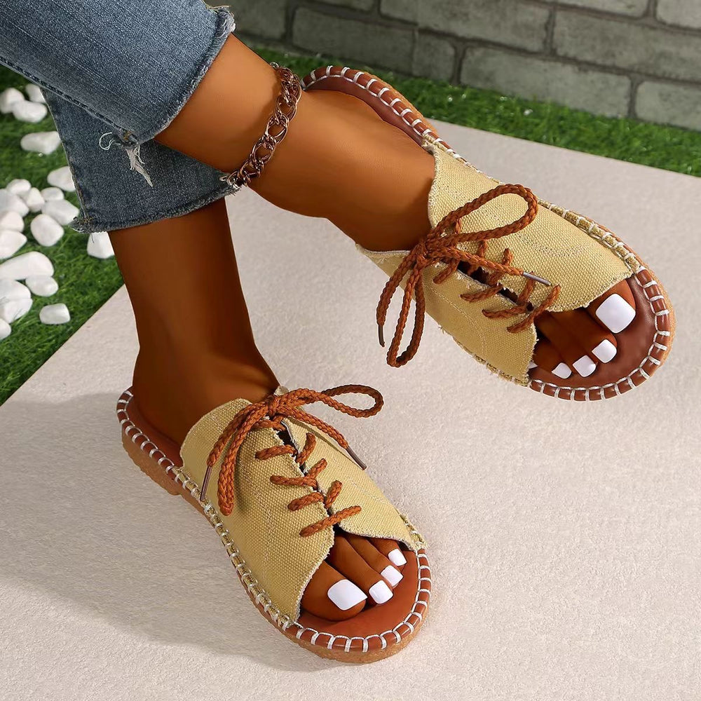 Ready-to-ship european and american plus-size women's slippers, 2025 summer collection: lace-up peep-toe slides, outdoor wear, flat, casual, crossover straps