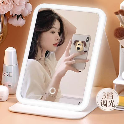 Led makeup mirror with light, foldable & portable, travel-friendly, instagrammable style, student dorm room, desktop mirror, high-definition, trending online