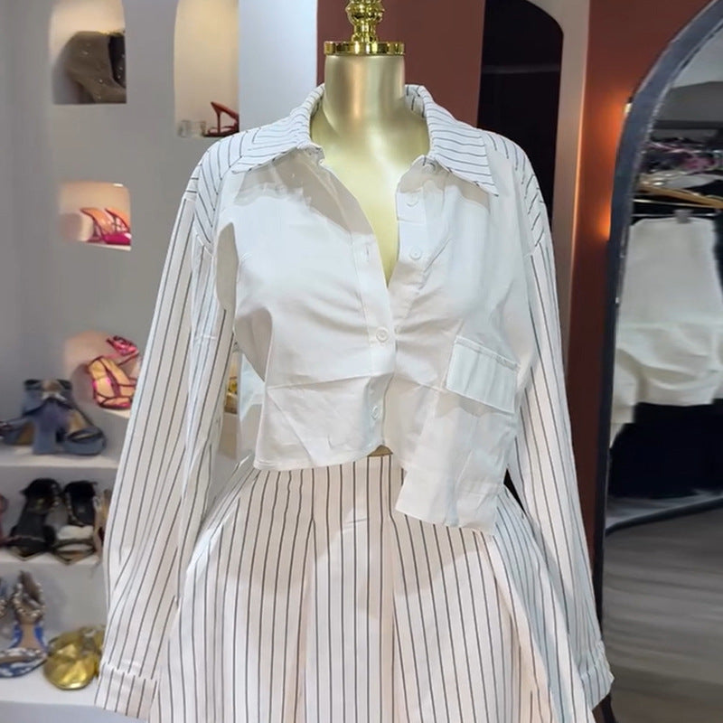 European and american cross-border women's fashion:  autumn new collection - stylish design patchwork striped shirt and a-line skirt set