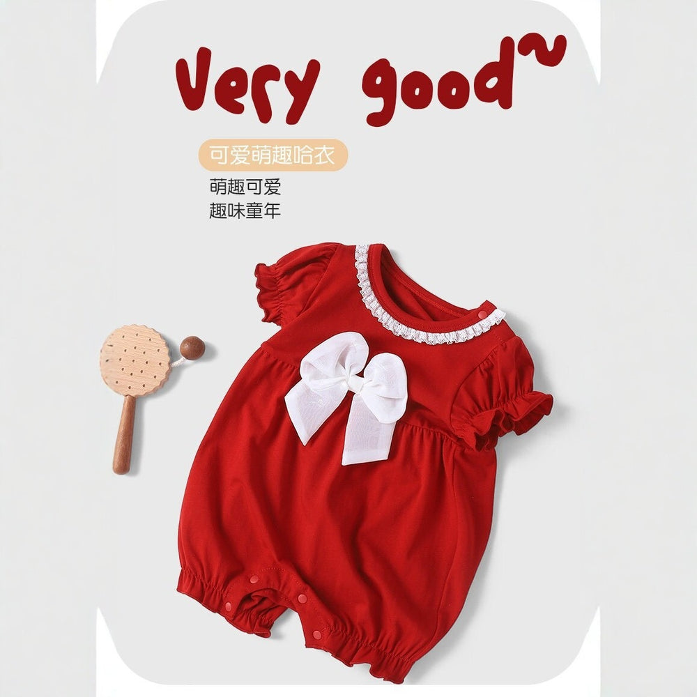 Youqi baby girl red jumpsuit summer full moon 100 days old princess khaki short-sleeved romper cute cute