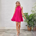 Amazon women's  new spring solid color ruched sleeveless stand collar bow tie elegant dress
