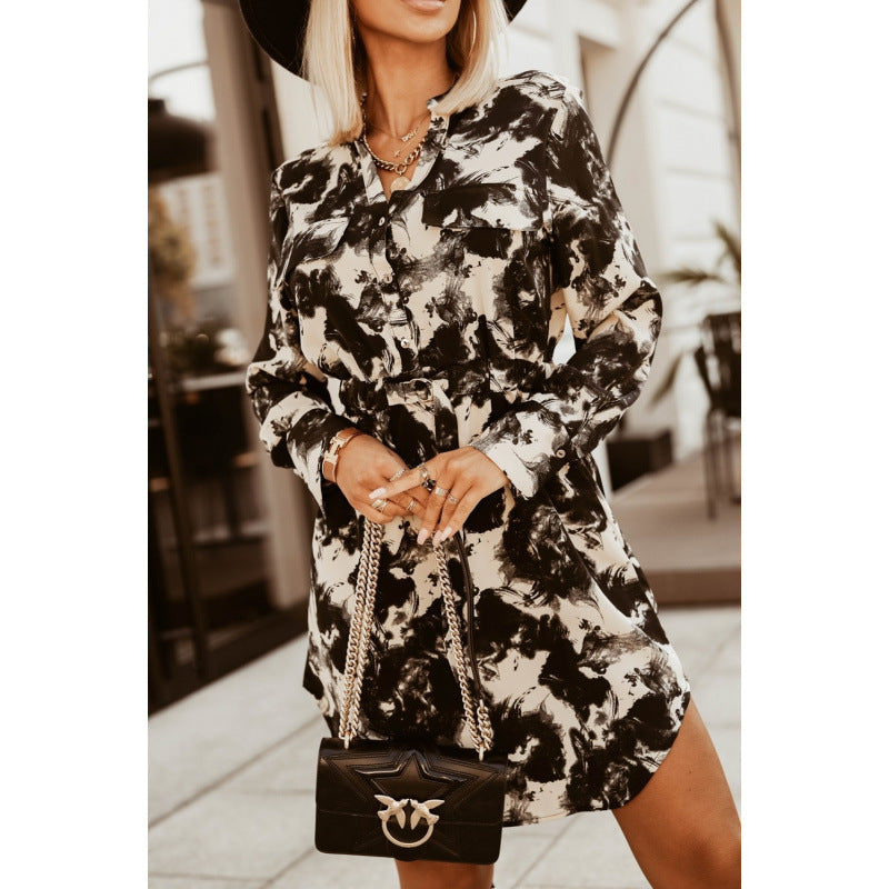 Aliexpress european and american style autumn/winter new arrival: cinched waist tie-up long sleeve printed shirt dress
