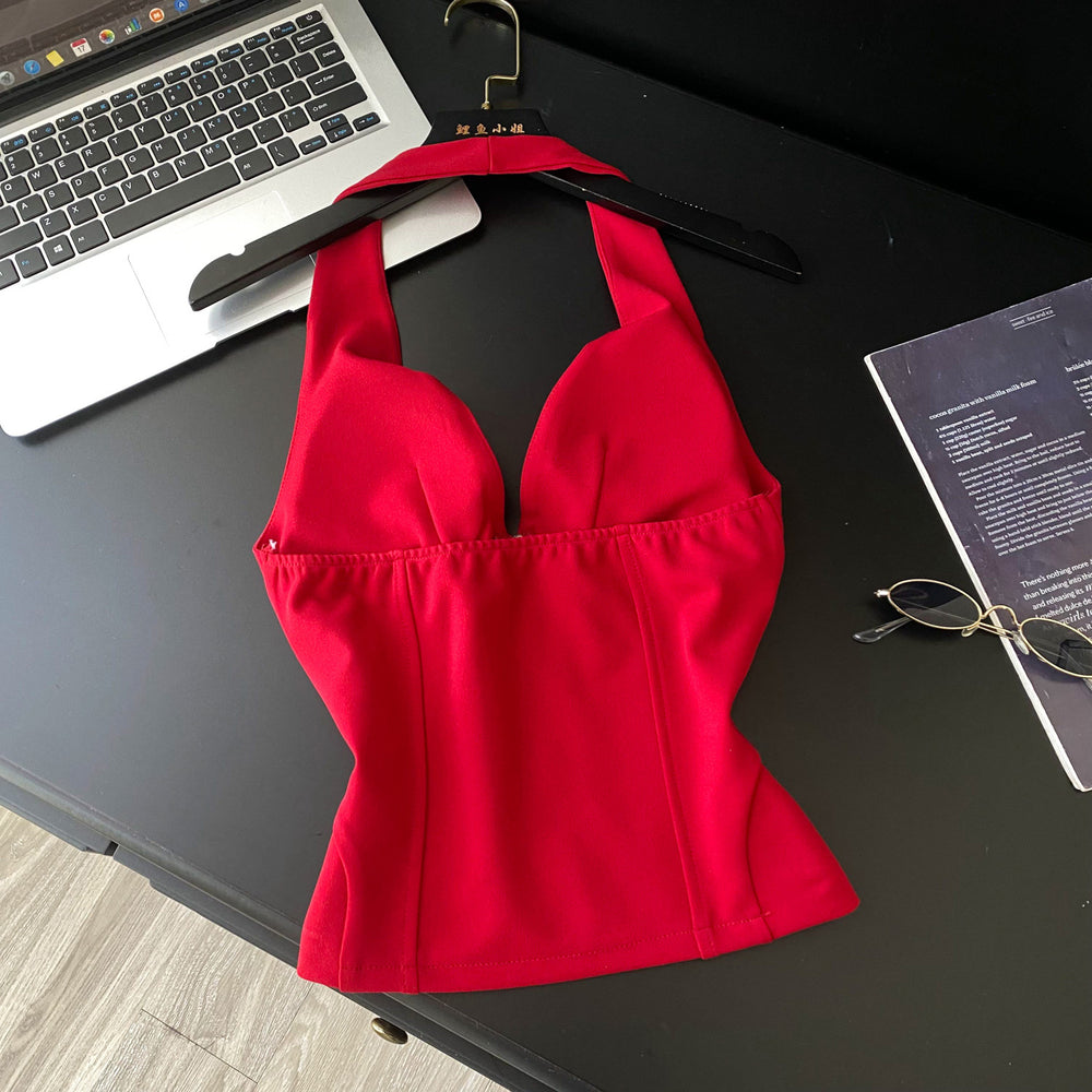 Fashion ins wear women's vest socialite niche accessible luxurysexyv neck halter strap silm backless short tops