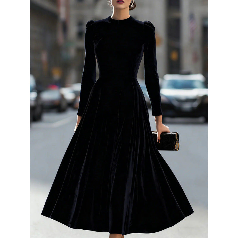 Fashion cross-border exportdress new arrival gold velvet round neck long sleeves dress