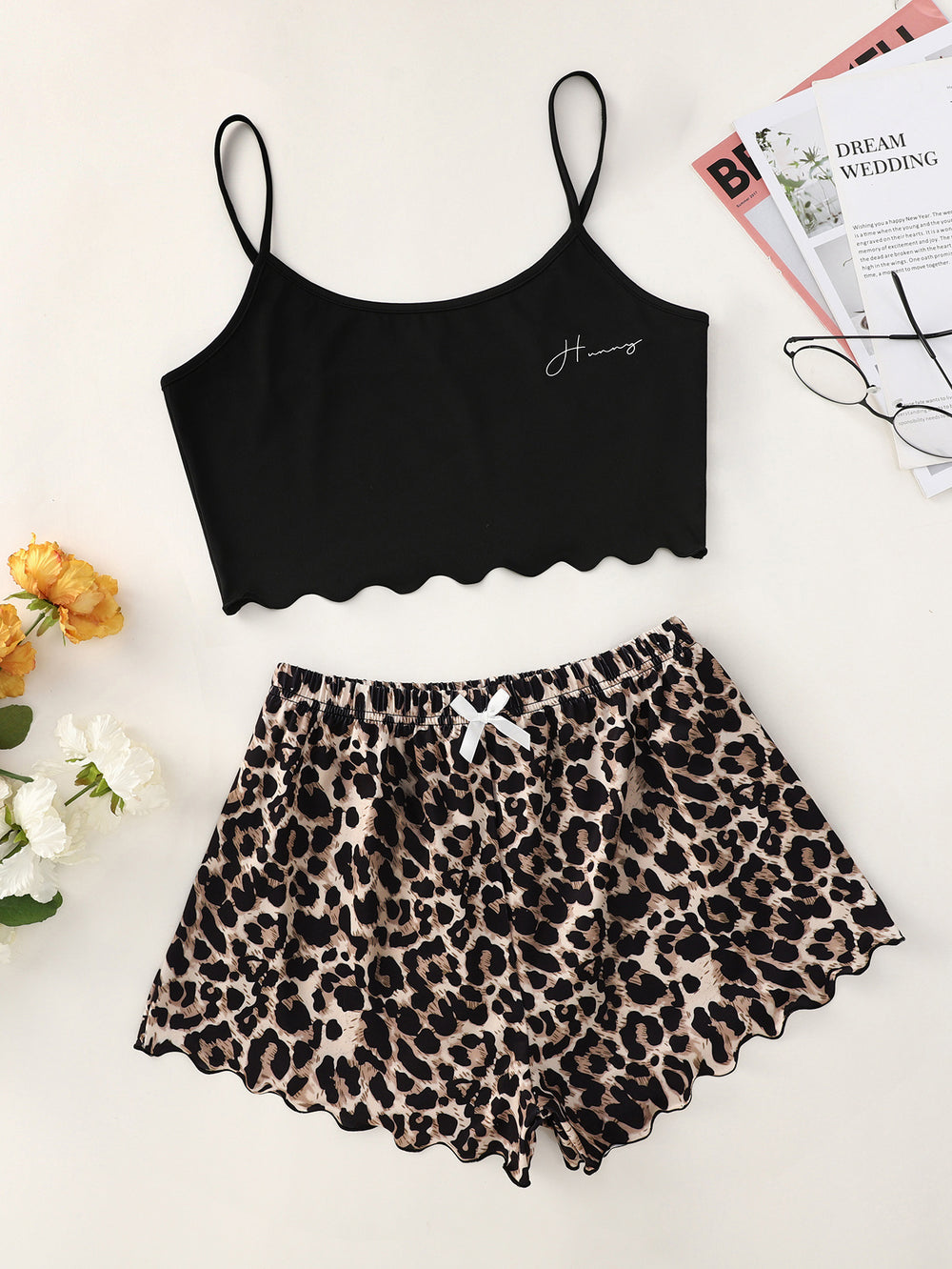New "honey" letter print cami top and leopard print shorts loungewear set