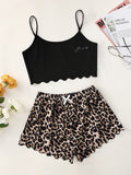 New "honey" letter print cami top and leopard print shorts loungewear set
