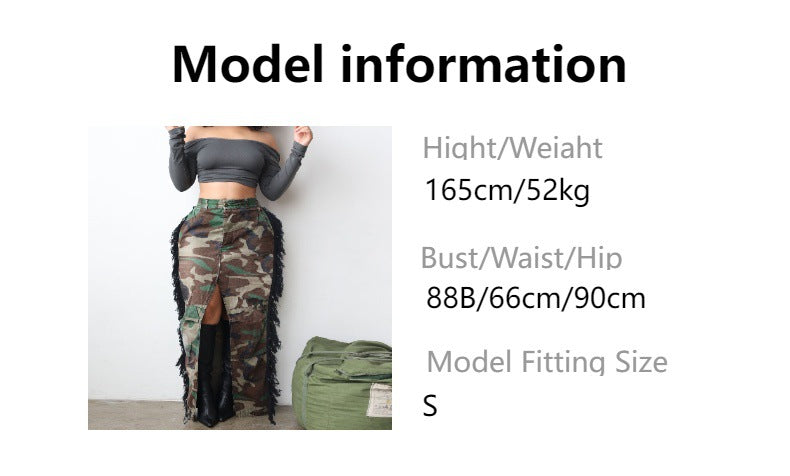 e-commerce source factory: european and american style, fashionable and unique camouflage washed tassel high-slit midi skirt