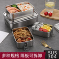 Outdoor 304 stainless steel square lunch box with snap-lock lid, food-grade bento box for students and office workers, airtight meal container