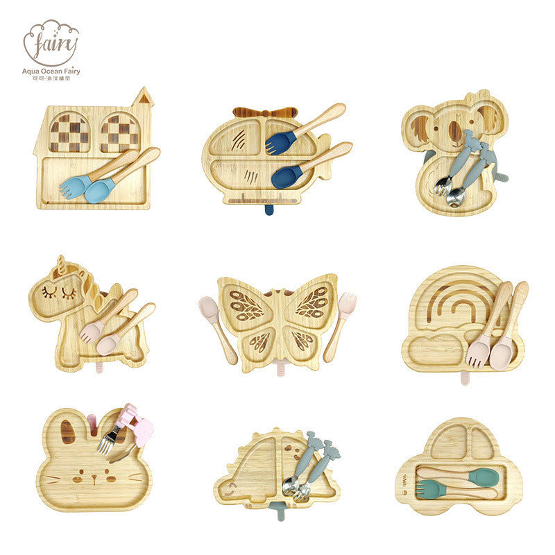 Bamboo plate set, food grade silicone fork and spoon wooden plate baby creative animal tableware set