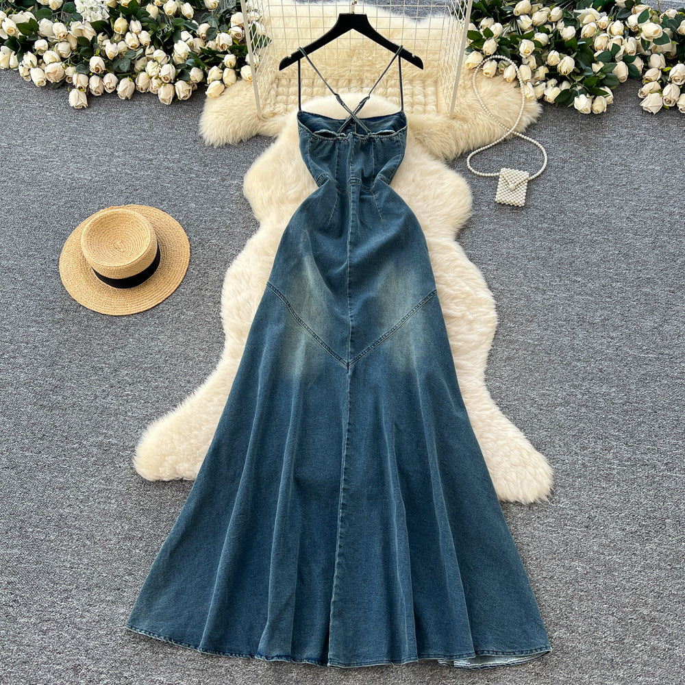 Frenchretroclassy square collar halter suspender single breasted denim dress female pure lust hot girl backless long skirt