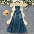 Frenchretroclassy square collar halter suspender single breasted denim dress female pure lust hot girl backless long skirt