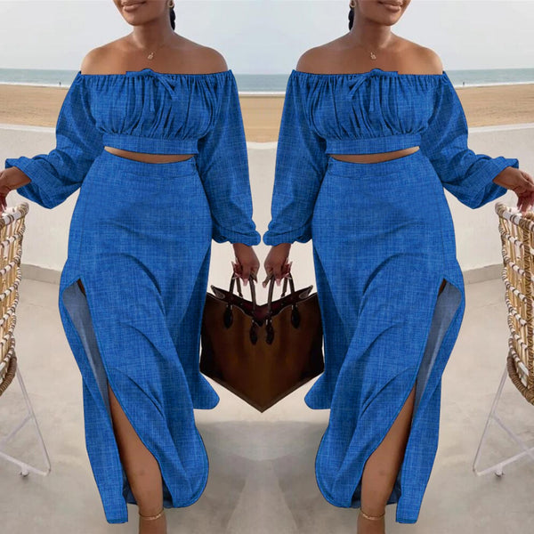 TM9067 European and American  spring and autumn explosion   casual off-the-shoulder split vacation dress two-piece set