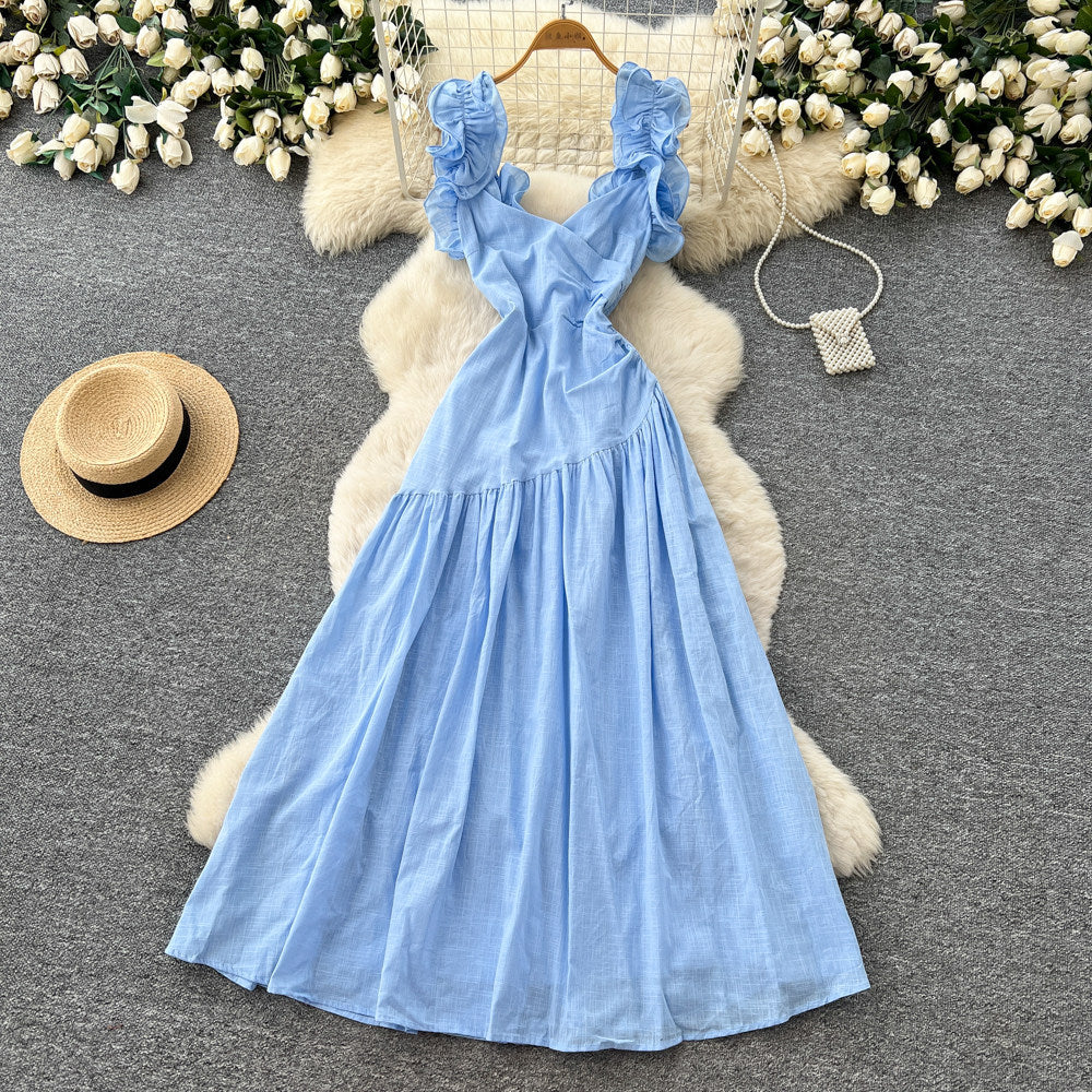 Frenchruffles square neck dress women's summernew arrivalk-stylehigh waistslimming look holiday styleelegant long skirt