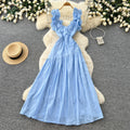 Frenchruffles square neck dress women's summernew arrivalk-stylehigh waistslimming look holiday styleelegant long skirt