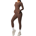 Ready-to-ship cross-border double-sided brushed solid color compression training long sleeve yoga set - activewear running fitness two-piece outfit