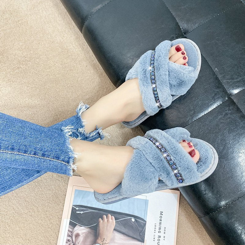 2024 new plush slippers for women, european and american fashion crossover one-strap warm slippers, direct from the manufacturer, cotton slippers