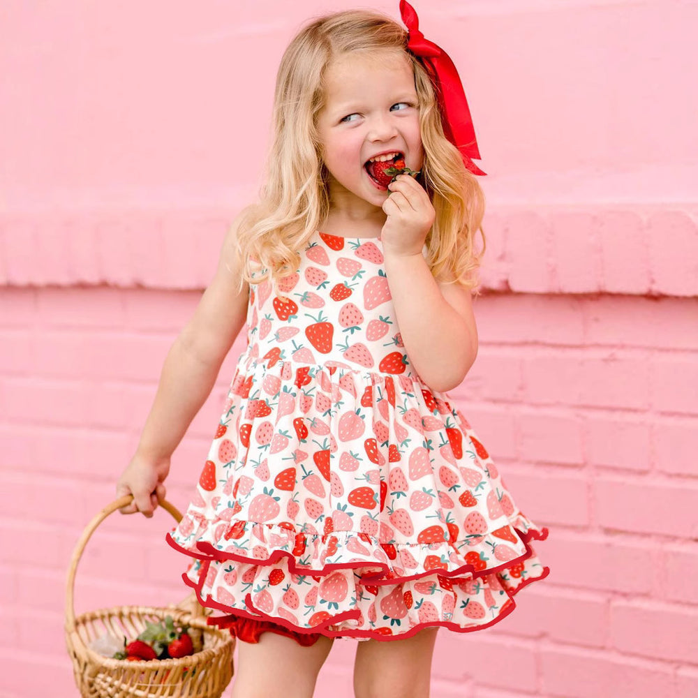 Kids' strawberry ice cream digital print cami dress with double-layered hem