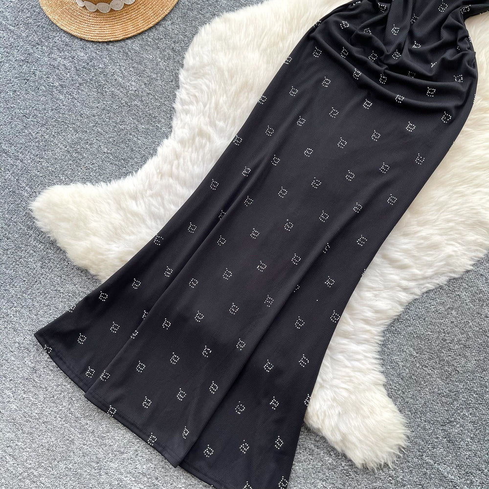 Elegant black v-neck halter dress - women's summer korean style hotfix rhinestone waist slimming maxi dress - high-end