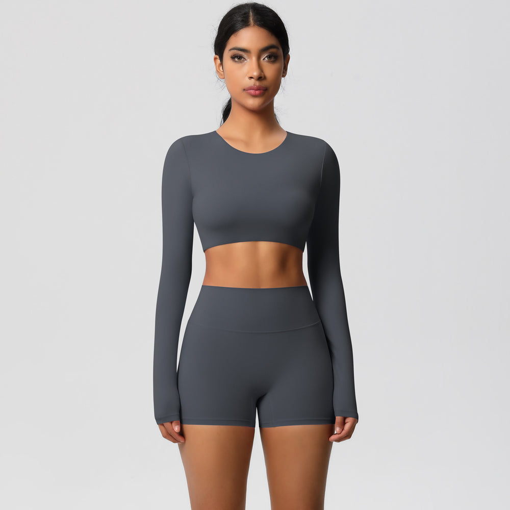 European and american new arrival: brushed long-sleeve yoga set - tight-fit, butt-lifting shorts, quick-dry running & fitness outfit for pilates