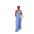European and american cross-border women's winter  new sleeveless halter neck tie-up printed backless cinched waist wide leg jumpsuit