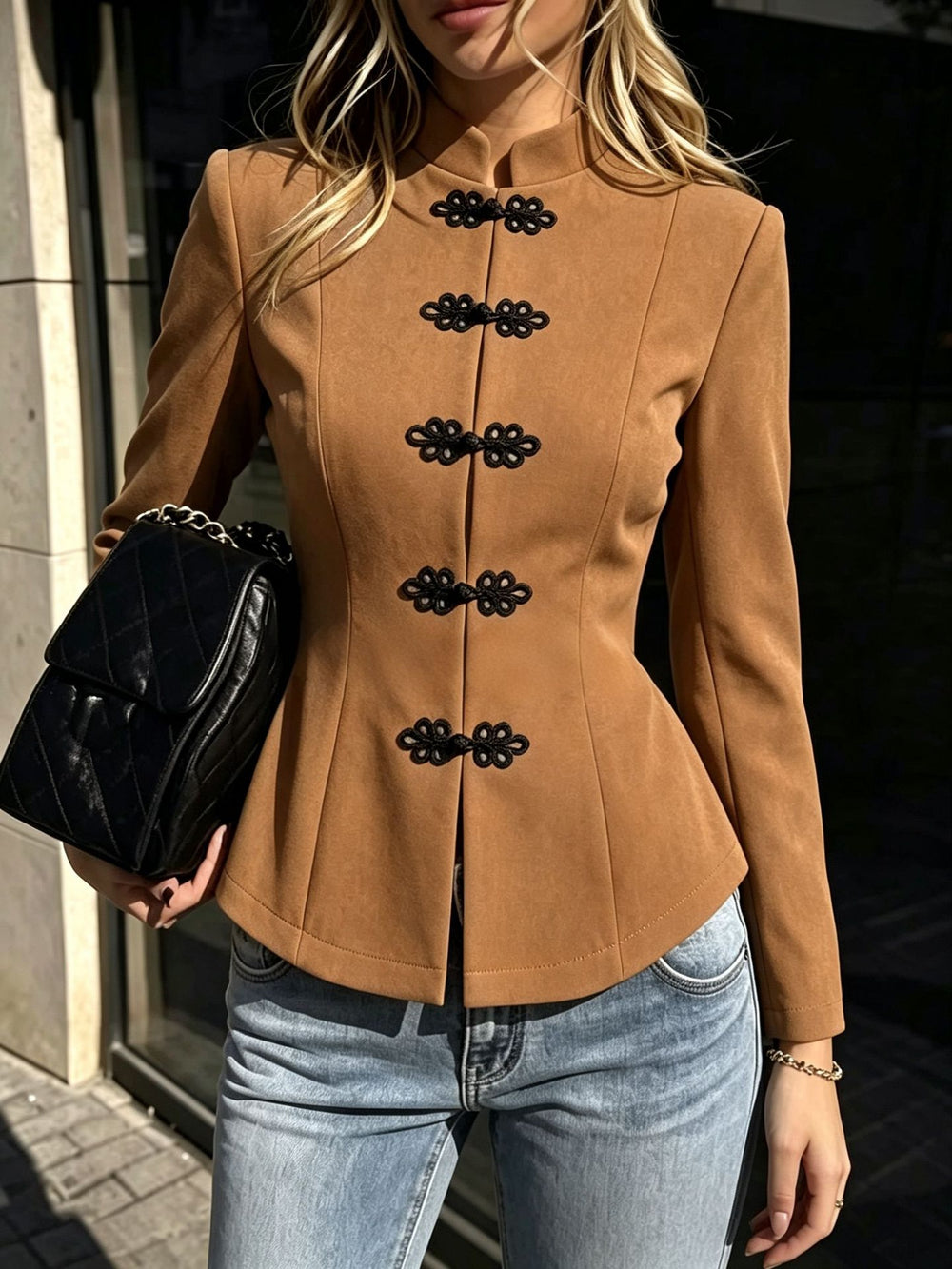 cross-border fashionexportfrenchretroelegance handicap design stand collar silm long sleeves suede outwear