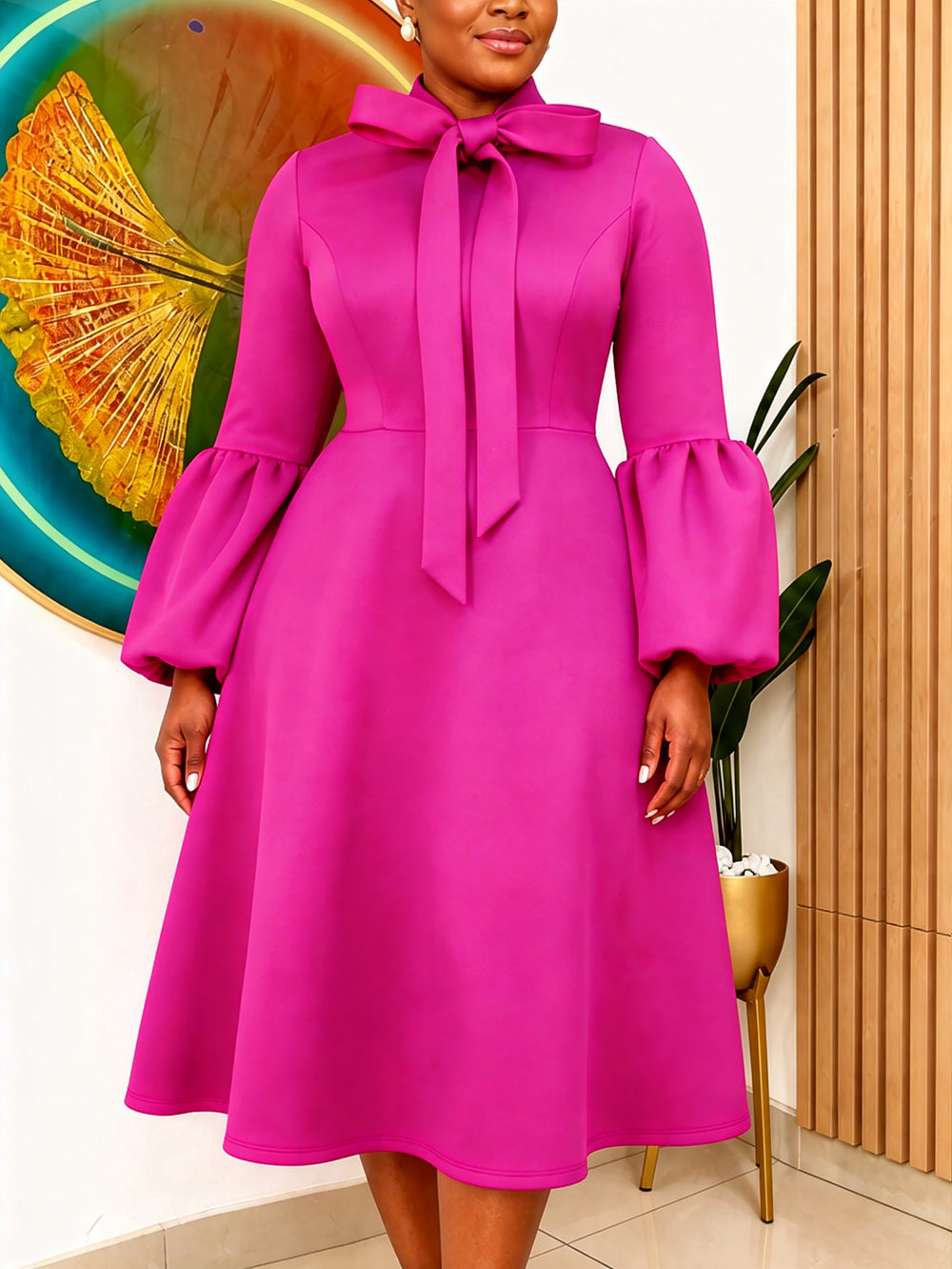 Fall and winternew arrivalbows stand collar puff sleeve large hem skirt retroelegance waist a hem party dress dres