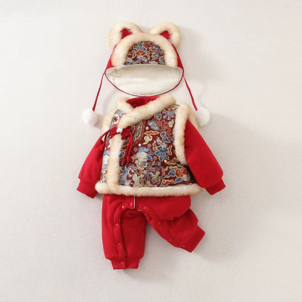 Winter girls' new year's outfit: new chinese style children's red fleece-lined thickened traditional tang suit set for the lunar new year