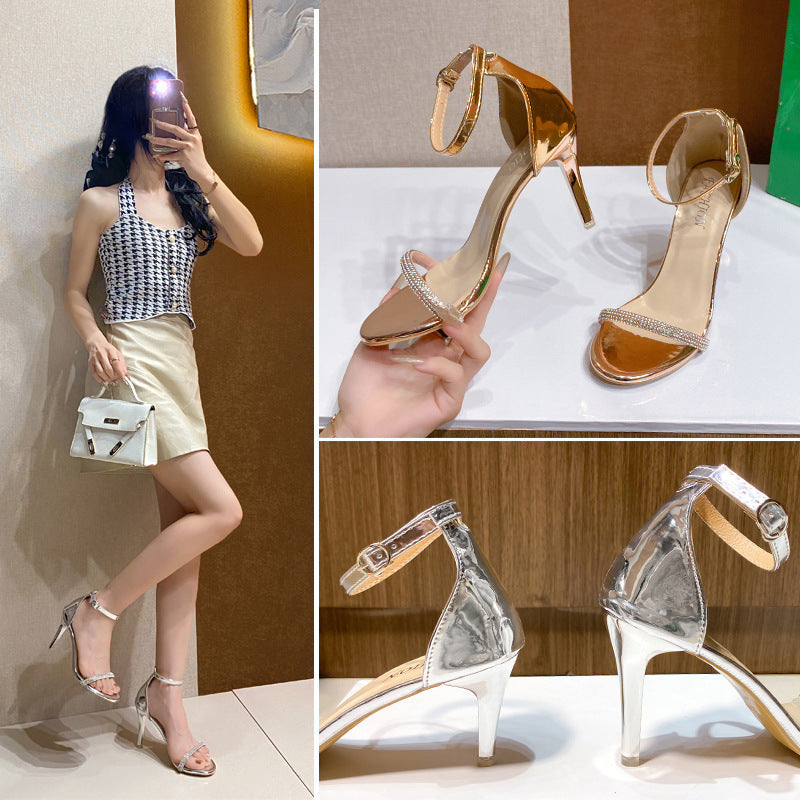 One-word strap high heels women's spring and summer 2024 new versatile silver sexy rhinestone open-toed stiletto sandals women