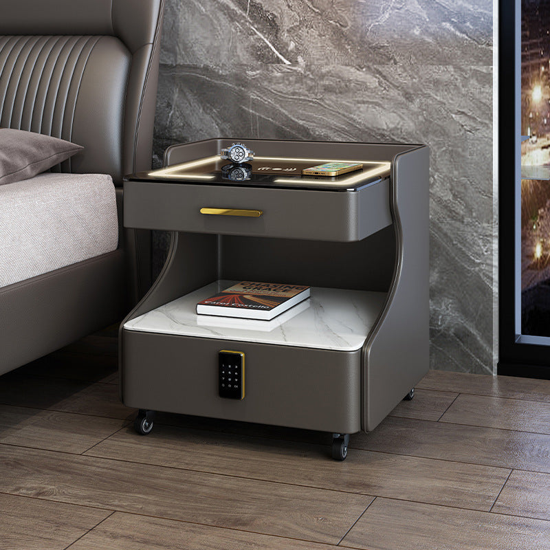 Italian smart bedside table minimalist modern leather bedroom wireless charging popular minimalist storage cabinet high-end rock slab