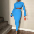 European and american  cross-border new arrival: elegant women's solid color cropped flare sleeve top and pleated maxi skirt two-piece set