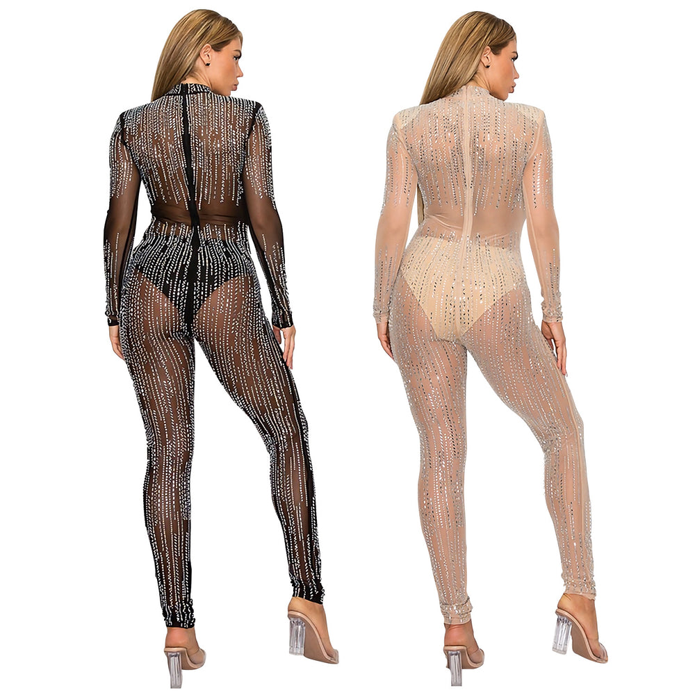 C6958 cross-border   independent station hot diamond fashion sexy see-through jumpsuit pants two-piece set
